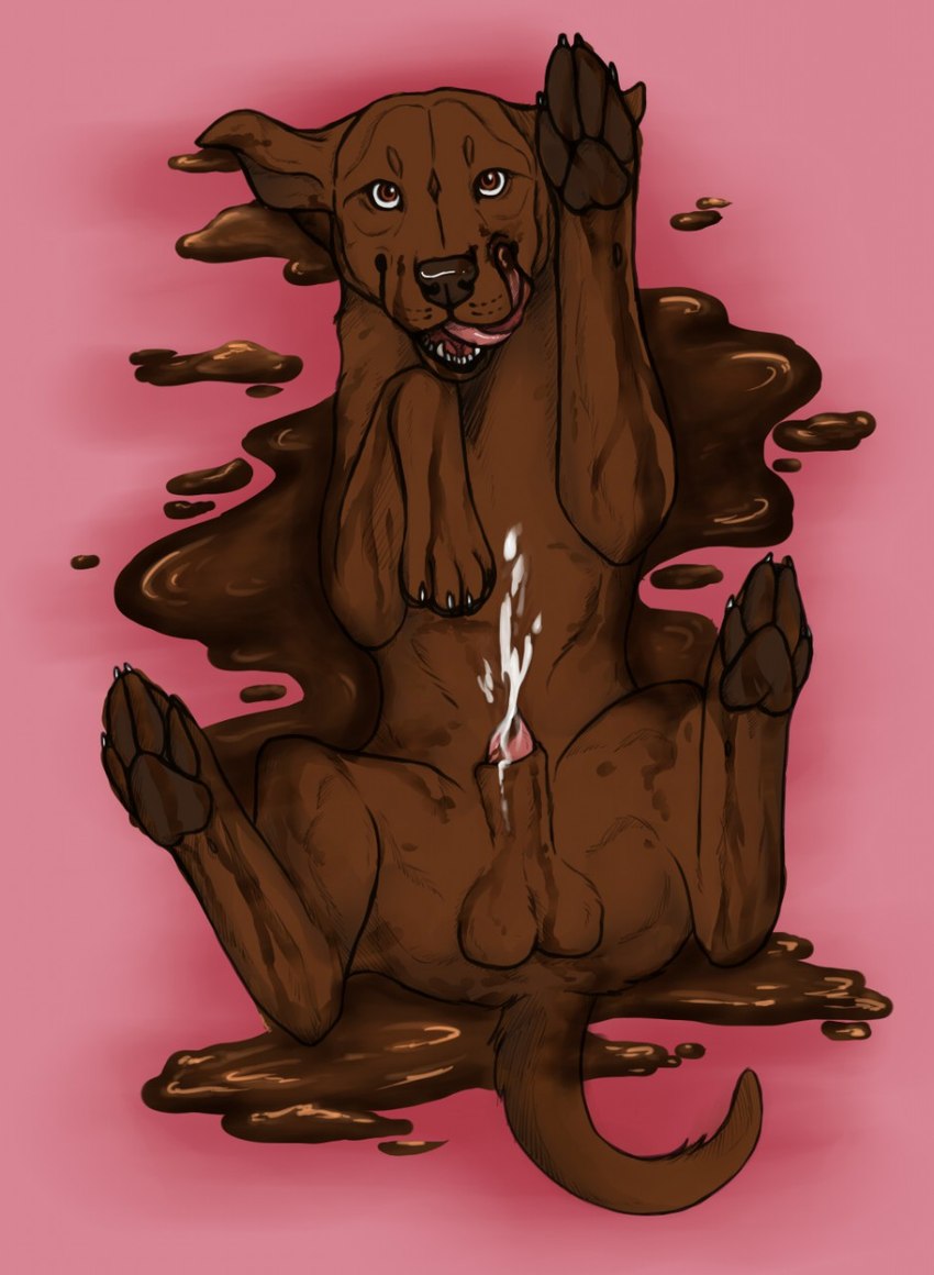 animal_genitalia balls bodily_fluids brown_balls brown_body brown_eyes brown_fur brown_nose brown_pawpads brown_sheath candy chocolate chocolate_sauce cum cum_on_belly cum_on_body cum_on_self dessert fangs feral food front_view fur genital_fluids genitals licking licking_lips licking_own_lips looking_at_viewer lying male messy on_back open_mouth pawpads penis penis_tip pink_penis pink_tongue sheath solo teeth tongue tongue_out killthe_demon chocolatelab_(character) canid canine canis domestic_dog mammal hi_res