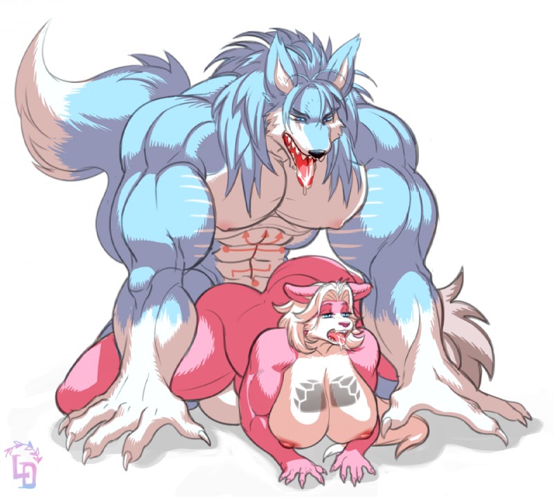 abs anthro balls biceps big_breasts blue_eyes breast_markings breasts duo female footprint from_behind_position fur genitals hair huge_breasts male male/female markings muscular nipples nude pawprint pawprint_(marking) pussy sex simple_background size_difference white_hair laurel_dog ayana fabian canid canine canis mammal mephitid skunk wolf 2017