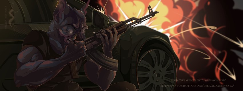 anthro black_sclera car clothed clothing ear_piercing ear_ring explosion fully_clothed fur glowing glowing_eyes gun male piercing ranged_weapon ring_piercing solo vehicle weapon white_eyes psychobirb canid canine canis domestic_dog mammal hi_res