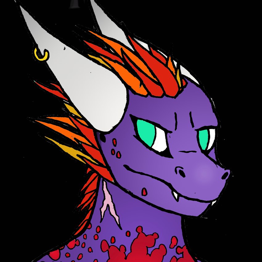 adolescent blue_eyes furgonomics furry-specific_piercing hair horn horn_piercing male piercing purple_body purple_scales red_hair red_spots scales solo spots young gerg0gadget mythology dragon mythological_creature mythological_scalie scalie 1:1 absurd_res headshot_portrait hi_res portrait