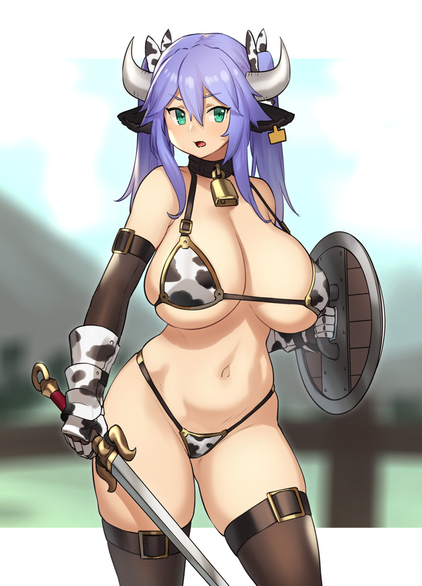 animal_print armor bastard_sword bell bell_collar big_breasts bikini blue_hair breasts center_grip_shield clothed clothing collar cow_print crossguard ear_piercing ear_tag female gauntlets gloves green_eyes hair handwear horn legwear medieval_shield melee_weapon piercing pigtails ring_pommel round_shield shield solo swimwear sword thigh_highs two-piece_swimsuit weapon houtengeki pommel animal_humanoid bovid bovid_humanoid bovine bovine_humanoid cattle_humanoid humanoid mammal mammal_humanoid 2020 hi_res