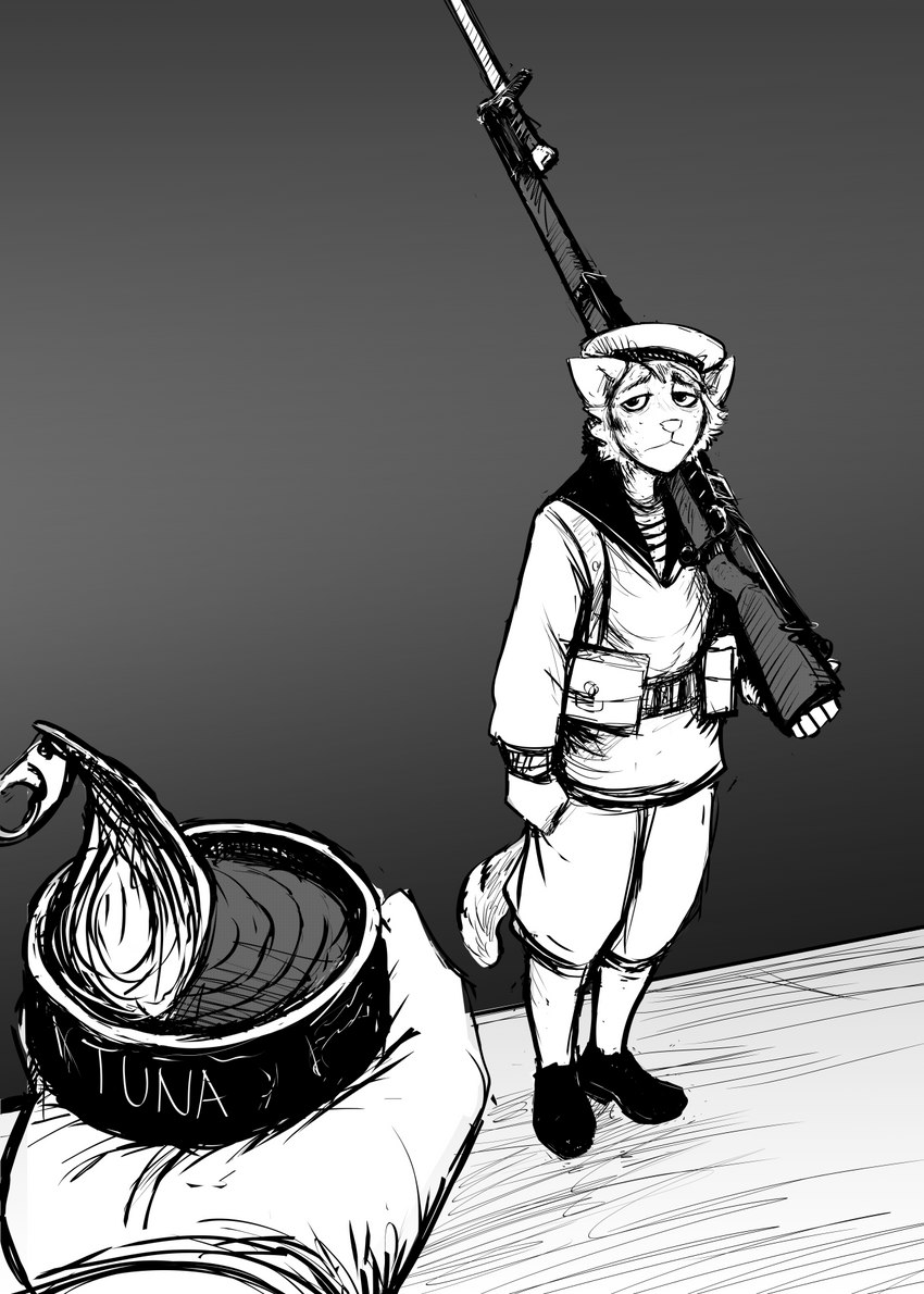 anthro bayonet duo food gradient_background gun holding_gun holding_object holding_ranged_weapon holding_rifle holding_weapon knife male navy_uniform offering_food ranged_weapon rifle sailor sailor_uniform simple_background standing tuna_(food) tuna_can weapon hladilnik ship's_catboy_(hladilnik) domestic_cat felid feline felis mammal 2023 black_and_white digital_media_(artwork) hi_res monochrome sketch