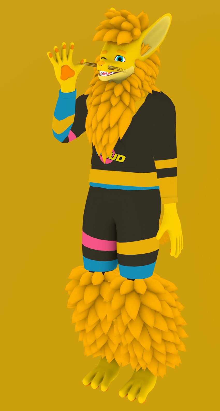 anthro clothed clothing gesture male one_eye_closed smile smiling_at_viewer solo teeth teeth_showing waving wink yellow_body snudgley snudge snilymim 3d_(artwork) absurd_res digital_media_(artwork) hi_res