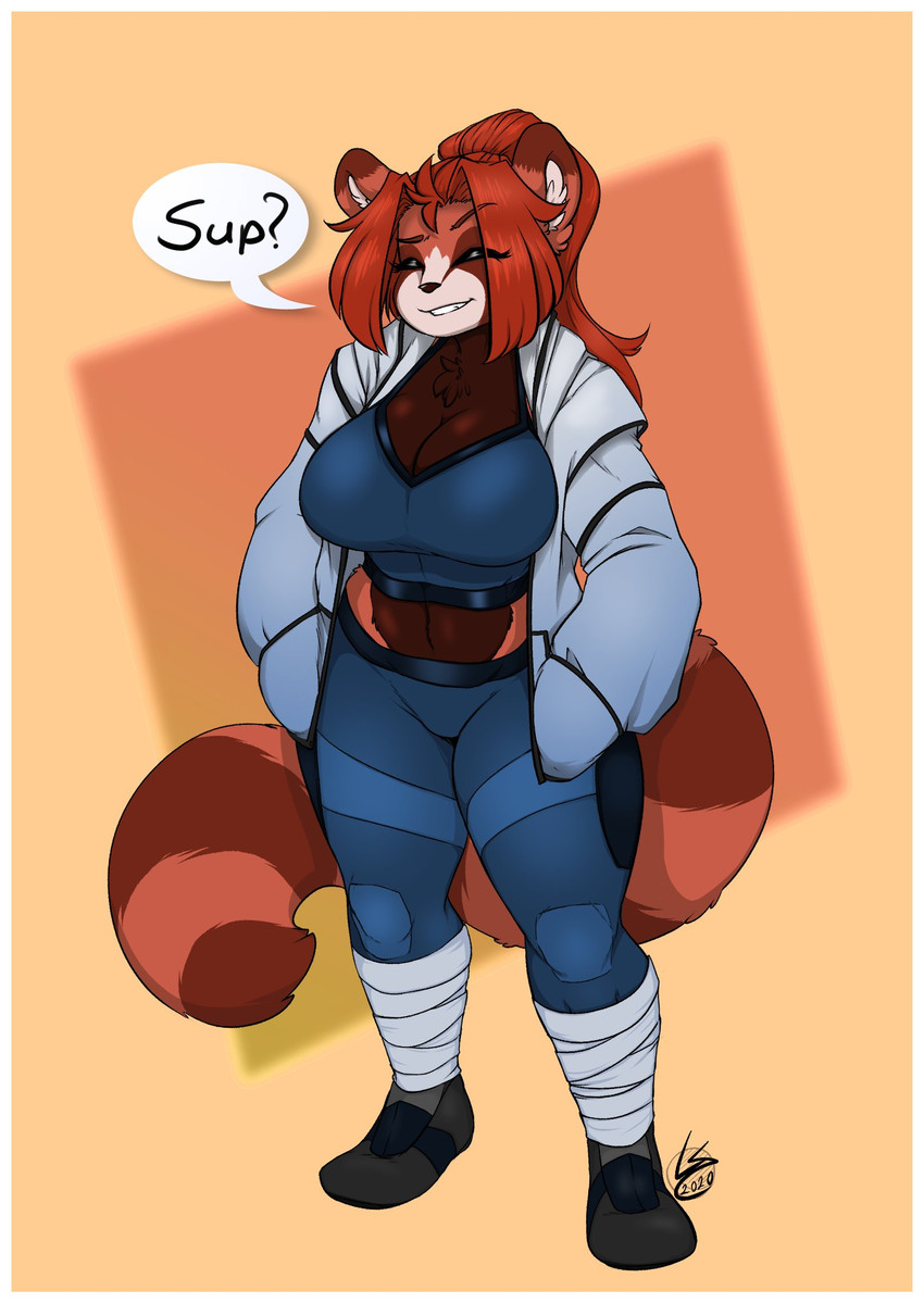 anthro breasts cleavage clothed clothing dialogue female smile solo text lunarspy xue_feng_(lunarspy) ailurid mammal red_panda english_text hi_res