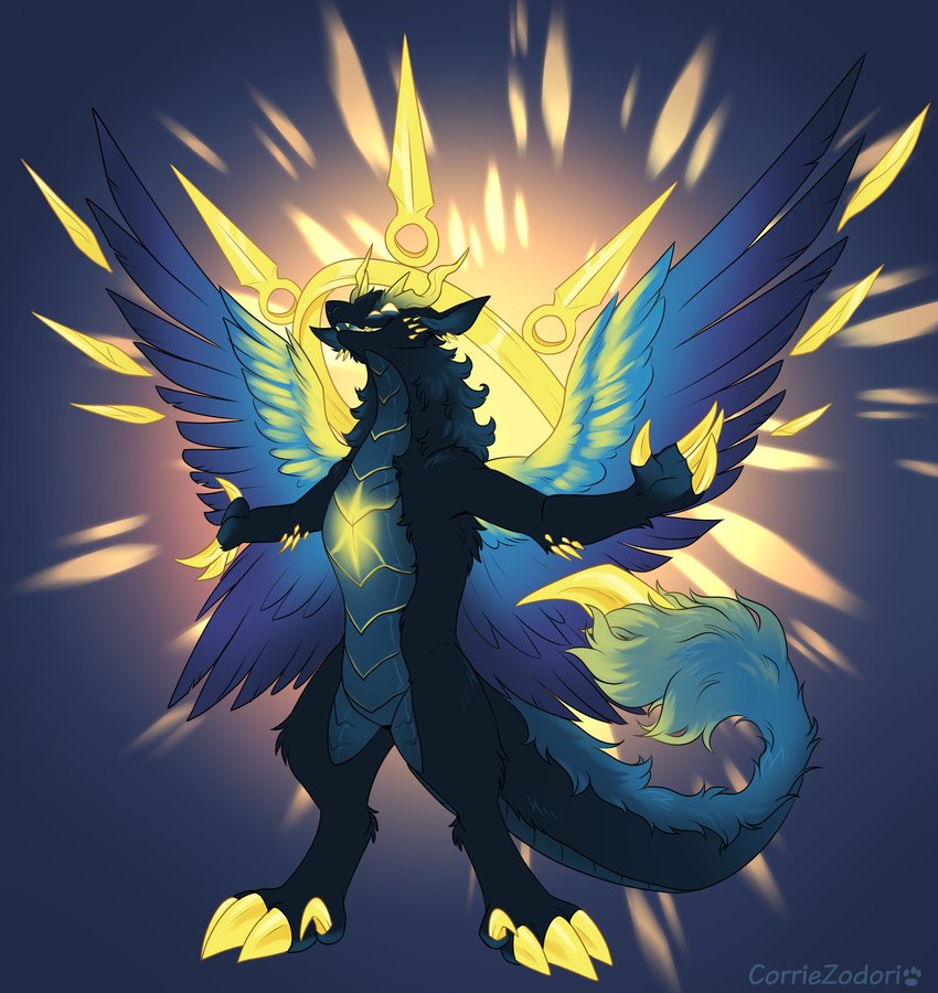 aura cheek_spikes facial_spikes feathered_wings feathers fluffy glowing glowing_chest glowing_eyes halo horn multi_eye scales simple_background spikes spikes_(anatomy) stinger_tail wings corriezodorie eclipse_eternum deity zorgoia absurd_res hi_res