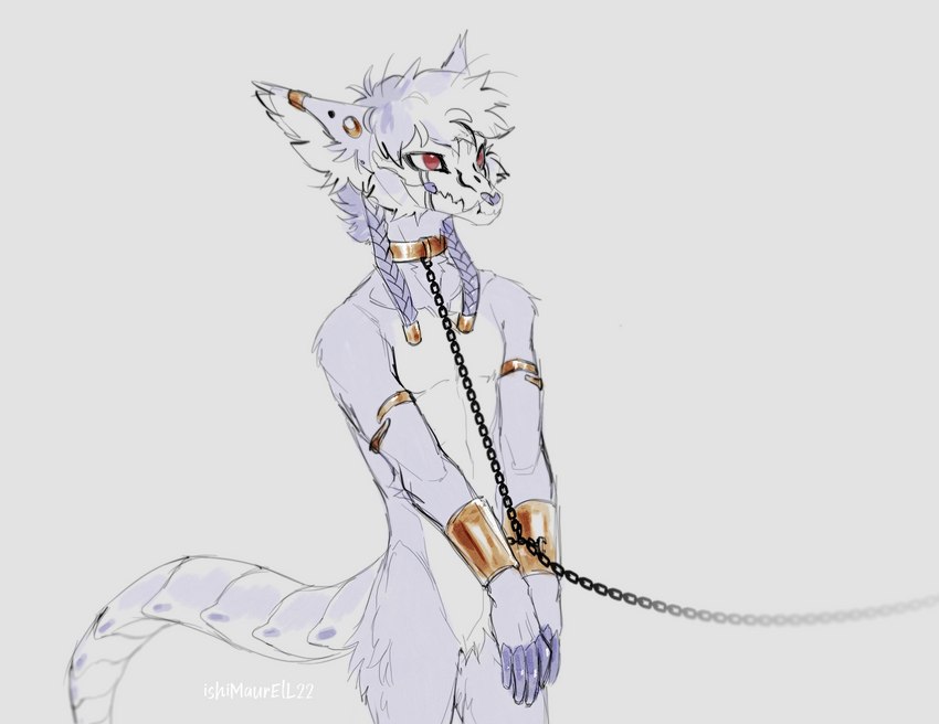 anthro armor arms_tied black_chain bound bracers braided_hair chain chain_leash chained chained_cuffs collar countershade_torso countershading ear_piercing ear_ring fur gold_(metal) gold_collar hair leash male metal_collar piercing purple_body purple_fur purple_hair red_eyes restraints ring_piercing simple_background solo white_background white_body white_countershading white_fur ishimaurell myungsu_(ishimaurell) skulldog_(species) 2022 portrait three-quarter_portrait