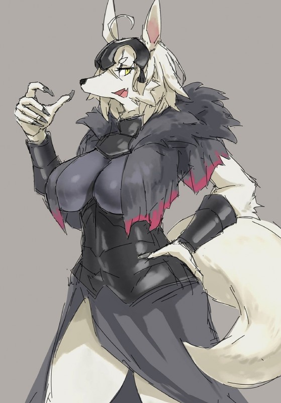 5_fingers anthro big_breasts breasts clothed clothing female fingers grey_background hair hand_on_hip kemono looking_at_viewer open_mouth open_smile simple_background smile snout solo standing tongue yellow_eyes eu03 canid canine canis mammal wolf hi_res