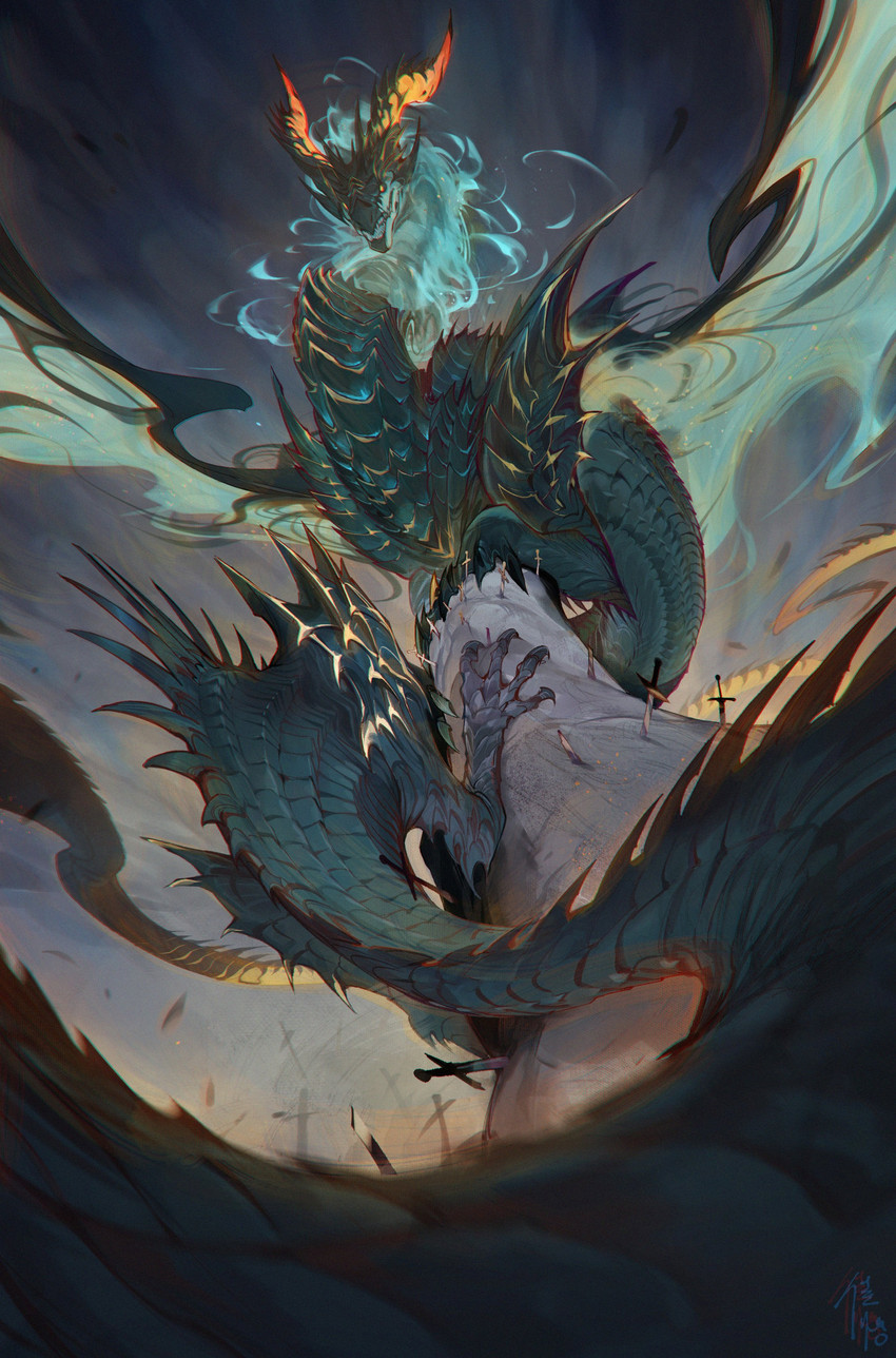 2_horns ambiguous_gender black_sclera claws feral green_body green_scales green_wings head_horn horn long_tail long_torso low-angle_view melee_weapon open_mouth orange_horn scales solo spread_wings sword tail tail_ridge teeth unusual_anatomy unusual_wings weapon wings yellow_eyes chiayeeee mythology dragon mythological_creature mythological_scalie scalie 2023 absurd_res chromatic_aberration digital_media_(artwork) digital_painting_(artwork) hi_res painting_(artwork) signature