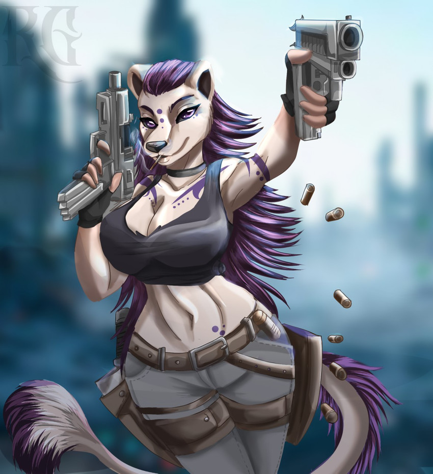 anthro breasts clothed clothing female fur gun hair handgun ranged_weapon simple_background smile smoking solo weapon soranihanabi ratha_grim felid lion mammal pantherine digital_media_(artwork) hi_res