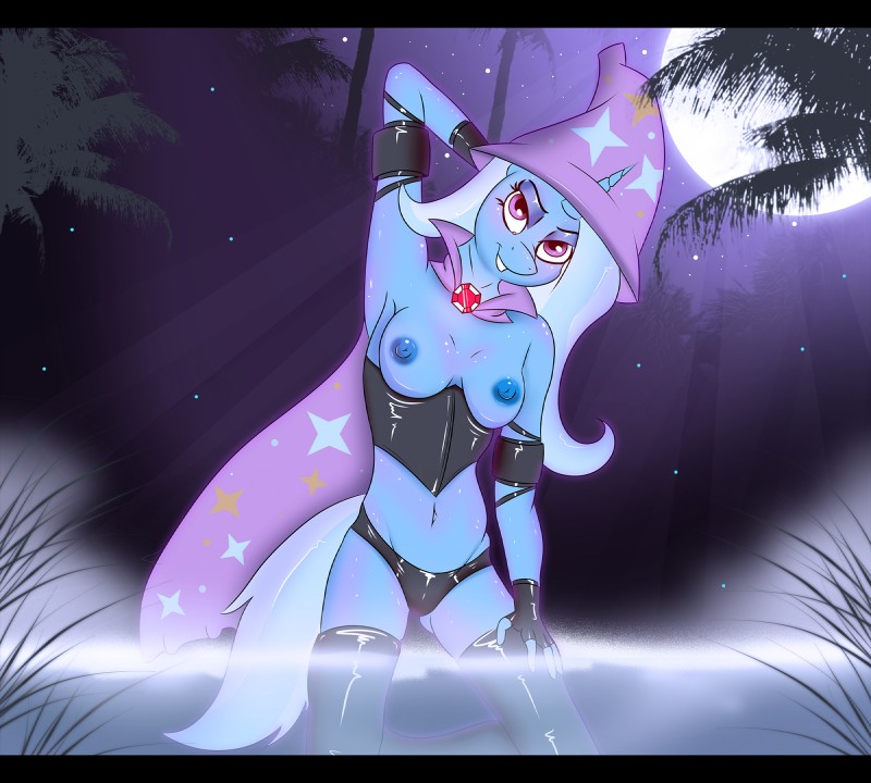 anthro anthrofied female hair horn latex moon night nipples smile solo water xorza friendship_is_magic hasbro my_little_pony mythology trixie_(mlp) equid equine mammal mythological_creature mythological_equine unicorn hi_res