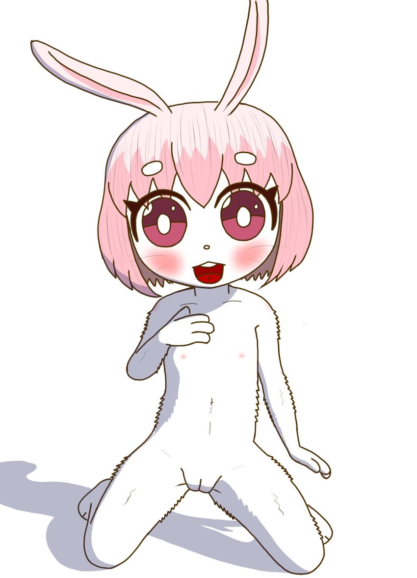 anthro female flat_chested fur genitals hair innie_pussy kneeling looking_at_viewer navel nipples nude open_mouth pink_eyes pink_hair plantigrade pussy solo white_body white_fur young young_anthro young_female gewalt yakami_hime_anime shirousagi lagomorph leporid mammal rabbit hi_res