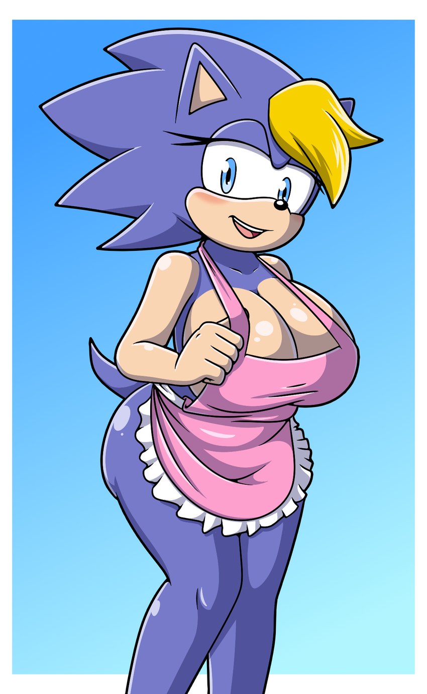 anthro apron apron_only big_breasts blonde_hair blue_eyes blush breasts butt cleavage clothed clothing eyelashes female hair huge_breasts looking_at_viewer open_mouth open_smile smile solo tail wide_hips sonicguru archie_comics sega sonic_the_hedgehog_(archie) sonic_the_hedgehog_(comics) sonic_the_hedgehog_(series) bernadette_hedgehog eulipotyphlan hedgehog mammal 2024 hi_res