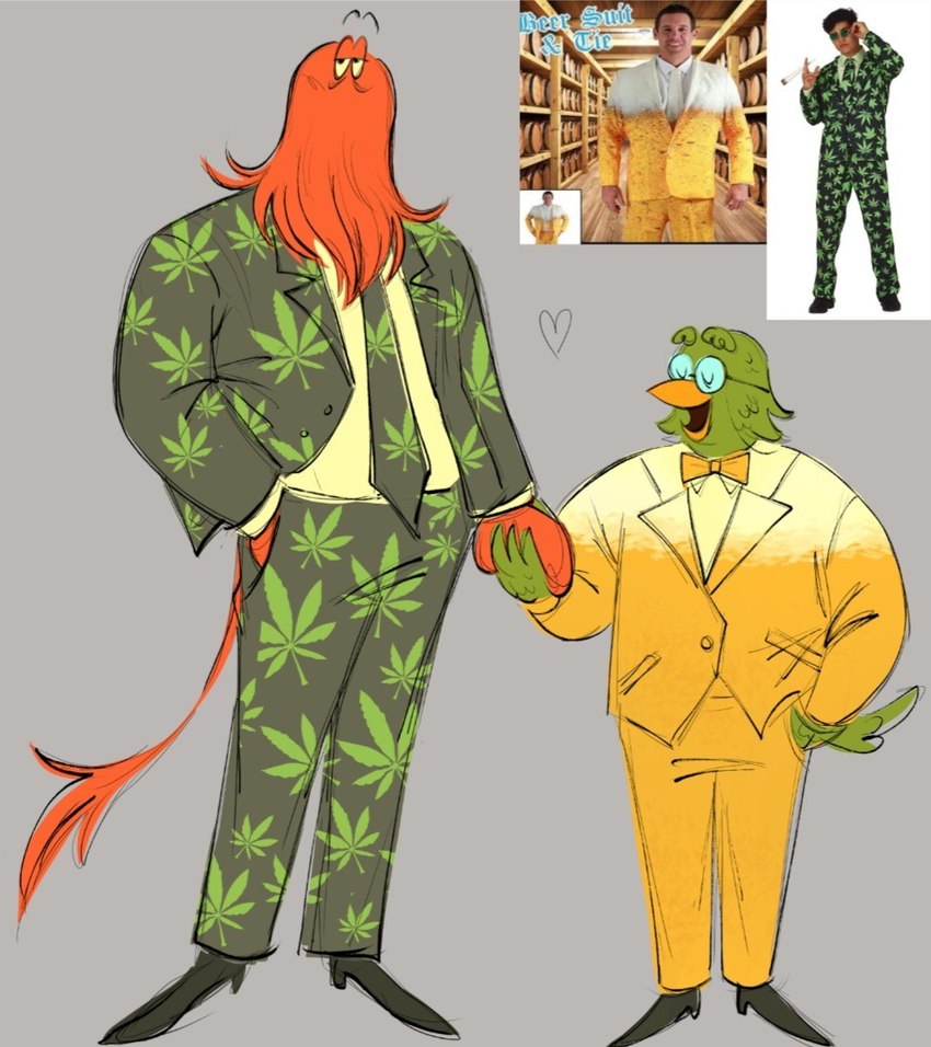 alternate_form anthro beak bottomwear clothing duo eyewear feathers footwear fur glasses green_body green_feathers hand_holding heart_symbol jacket male necktie pants real red_body red_fur shirt shoes suit tail tail_feathers tail_tuft toony topwear tuft caligmaera don't_hug_me_i'm_scared duck_guy_(dhmis) red_guy_(dhmis) avian bird humanoid reference_image