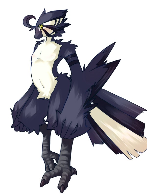 anthro beak biped blue_body blue_feathers blush feathers looking_at_viewer male simple_background solo standing white_background yellow_eyes kosian kuroba avian bird 3:4 hi_res