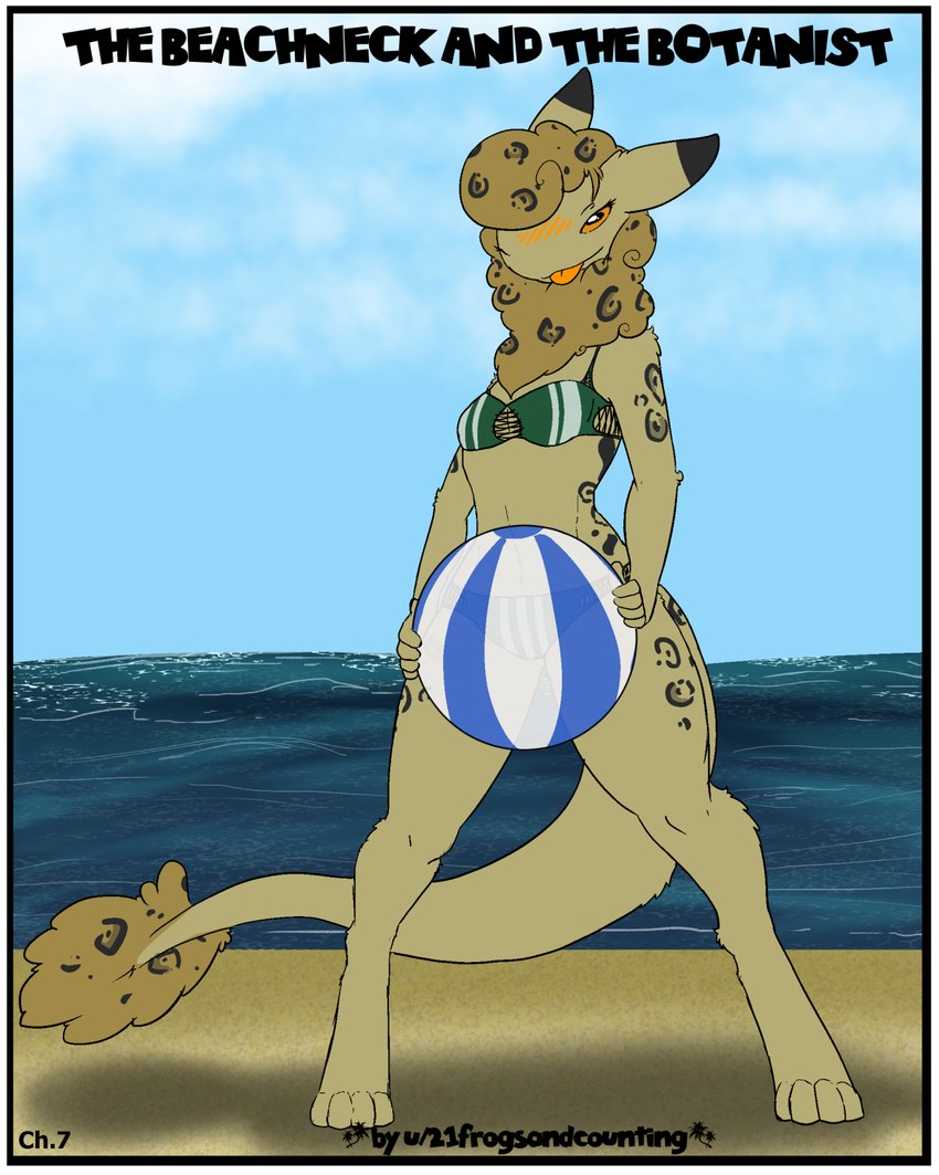 anthro ball beach beach_ball bikini blush border clothing female fur inflatable leopard_spots looking_at_viewer orange_eyes sea solo spots swimwear tail tail_tuft tongue tongue_out tuft two-piece_swimsuit water white_border wool_(fur) wool_hair frostedscales the_nature_of_predators sheva_(frogman) venlil_(the_nature_of_predators) 4:5 hi_res