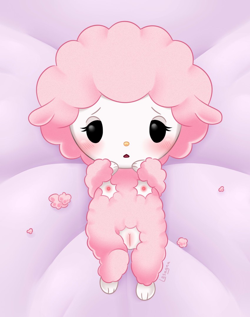 anthro blush breasts charming dakimakura female fur genitals nipples pink_body pink_fur pink_wool presenting presenting_pussy pussy solo wool_(fur) lesagna onegai_my_melody sanrio my_sweet_piano bovid caprine mammal sheep absurd_res dakimakura_design hi_res