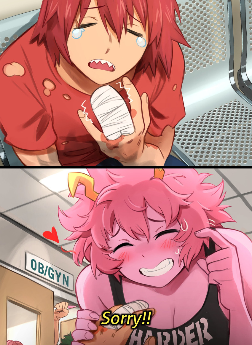 2_horns 5_fingers acid_burns apology bandage bandaged_finger black_clothing black_shirt black_tank_top black_topwear blue_bottomwear blue_clothing blue_pants blush blush_lines bodily_fluids bottomwear breasts ceiling_lamp chair cleavage clothed clothing dialogue door duo_focus eyes_closed female female_humanoid fingernails fingers furniture green_hair group hair hand_holding horn hospital inside lamp male male_human nails not_furry open_mouth pain pants pink_body pink_hair pink_skin pink_tongue pregnancy_test red_clothing red_hair red_shirt red_topwear sharp_teeth shirt short_hair sitting sweat sweaty_face t-shirt talking_to_another tank_top tears teeth text text_on_clothing text_on_shirt text_on_tank_top text_on_topwear tongue topwear white_text wounded yellow_horn yellow_text khyleri my_hero_academia ashido_mina eijiro_kirishima hatsume_mei izuku_midoriya horned_humanoid human humanoid mammal quirked_human_(my_hero_academia) 2024 absurd_res comic english_text hi_res