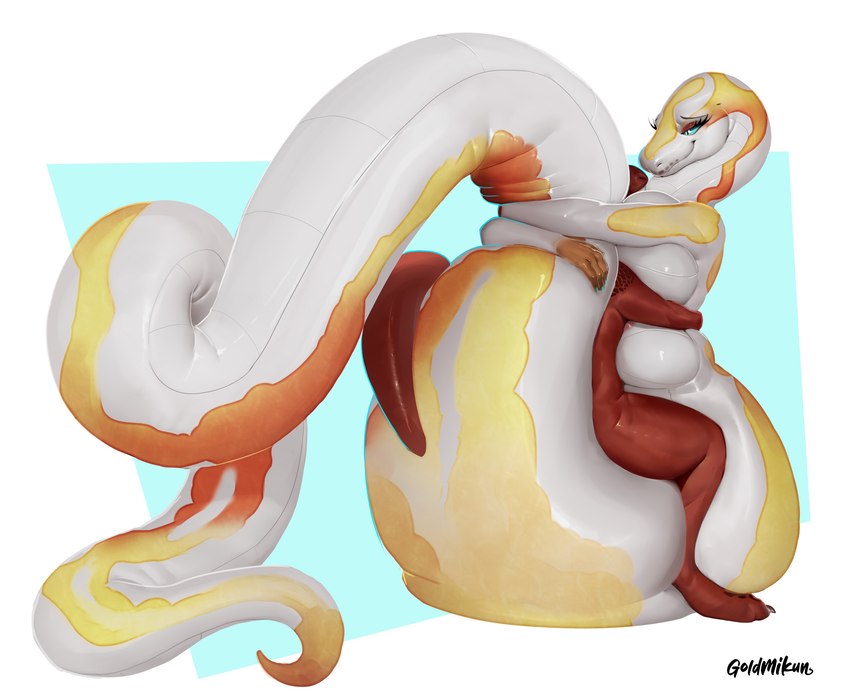 anthro apode areola big_breasts breasts duo female legless male non-mammal_breasts nude serpentine simple_background smile white_background white_body goldmikun draconcopode naga reptile scalie snake absurd_res hi_res