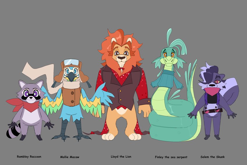 finley the sea serpent, lloydford l. lion, mollie macaw, rambley raccoon, and salem the skunk (indigo park) created by funfettisundae