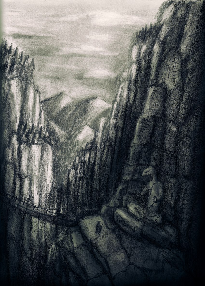 altar anthro bridge landscape mountain rock ruins sculpture statue walking_stick dirtypaperjoe reptile scalie snake 2025 absurd_res hi_res monochrome traditional_media_(artwork)