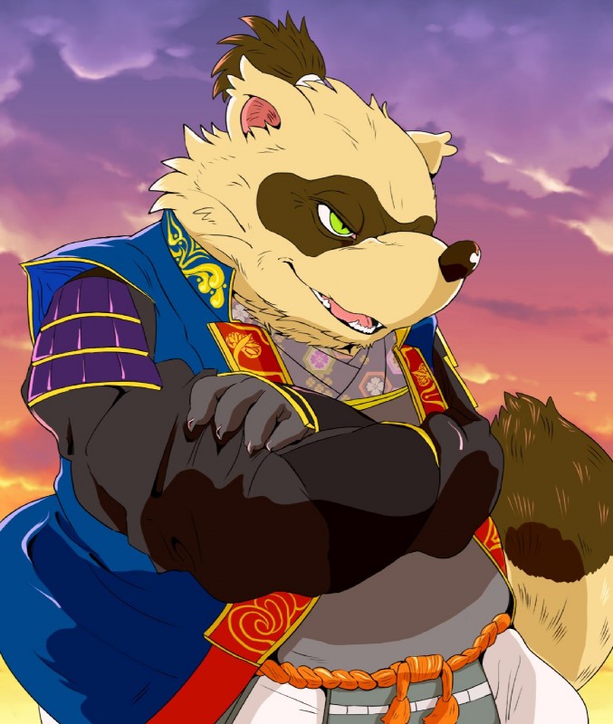 anthro belly brown_body brown_fur clothing fur green_eyes humanoid_hands male outside robe slightly_chubby solo teeth hysk sengoku_puzzle tokugawa_ieyasu canid canine mammal raccoon_dog tanuki 2019 hi_res