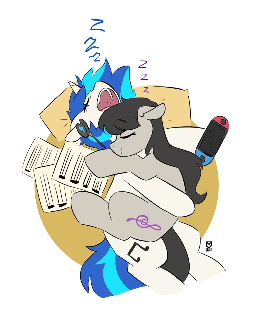 cuddling electronics female feral headphones horn open_mouth paper pillow simple_background sleeping sound_effects vowelless vowelless_sound_effect white_background zzz redxbacon friendship_is_magic hasbro my_little_pony mythology nintendo nintendo_switch octavia_(mlp) vinyl_scratch_(mlp) equid equine mammal mythological_creature mythological_equine unicorn hi_res