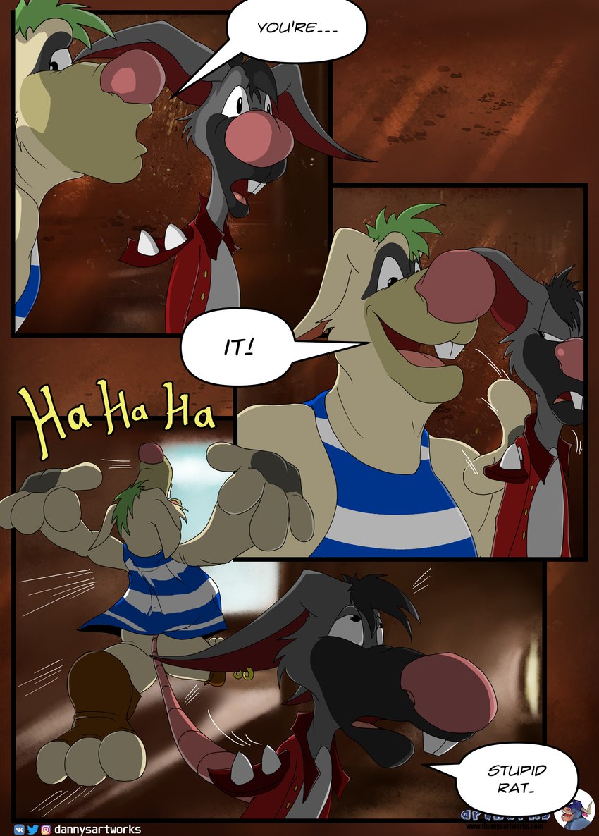 anthro dialogue duo grey_body inside laugh male open_mouth running slightly_chubby whispering whispering_in_ear dannysartworks anthony_chubs_de_soto captain_dilion mammal murid murine rat rodent 2023 absurd_res comic hi_res