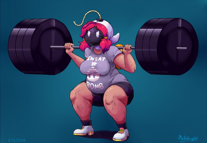 5_fingers barbell bodily_fluids bottomwear breasts clothing crouching dark_body dark_skin exercise female female_humanoid fingers hair not_furry pink_hair shorts simple_background slightly_chubby slightly_chubby_female slightly_chubby_humanoid solo sweat teal_background thick_thighs weightlifting weights workout mataknight outta_sync mario_bros nintendo shy-bomb bob-omb humanoid living_bomb 2016 hi_res signature