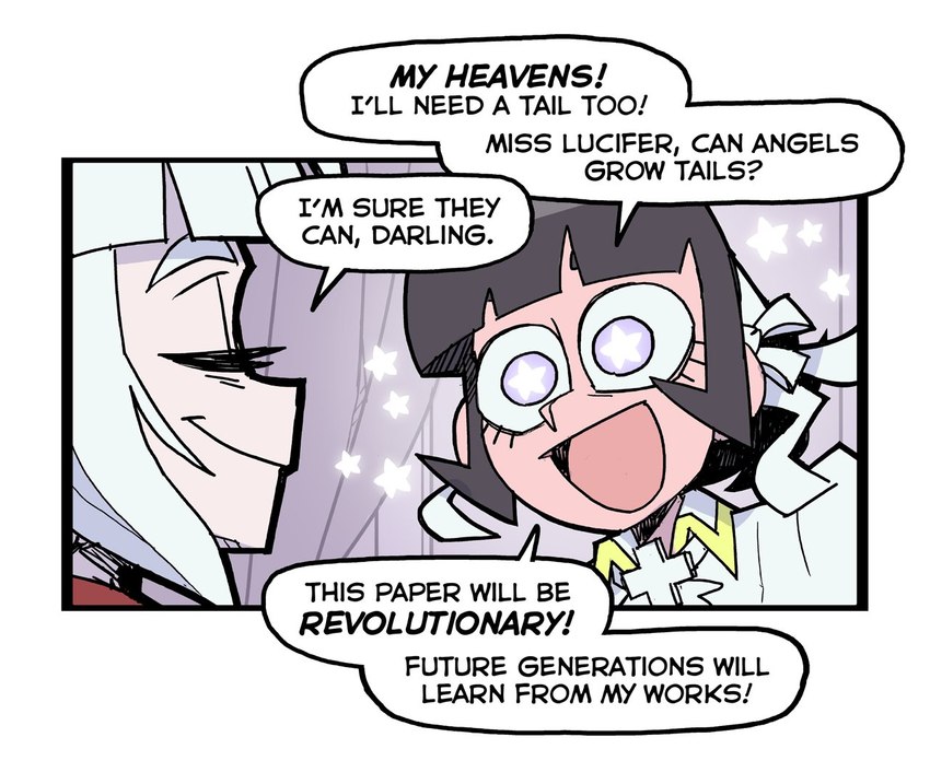 dialogue duo eyes_closed female not_furry pupils star_eyes star_pupils symbol-shaped_pupils text unusual_pupils vanripper helltaker azazel_(helltaker) lucifer_(helltaker) angel angel_humanoid demon demon_humanoid humanoid english_text