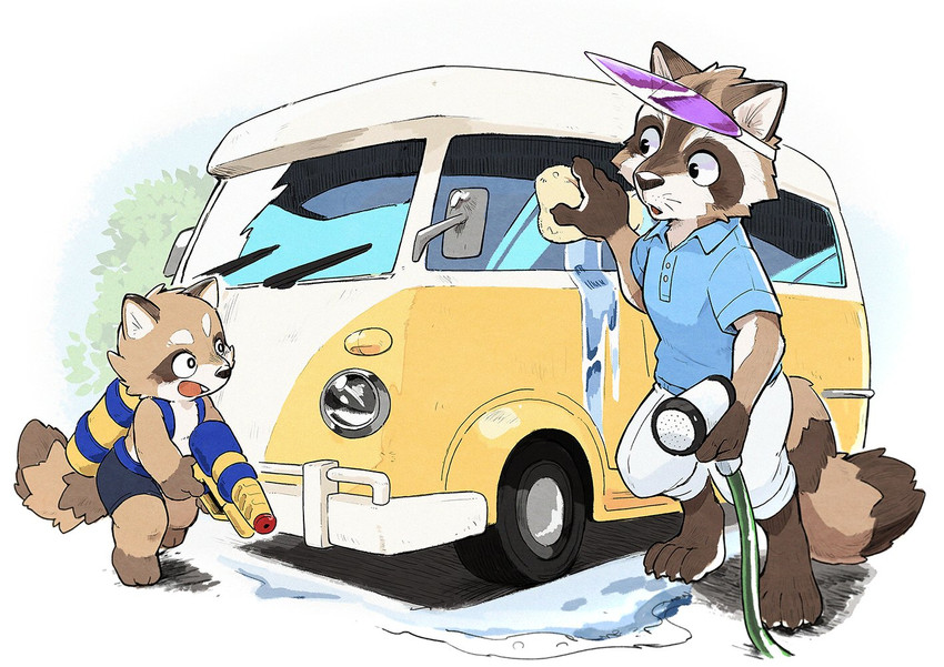 anthro bottomwear brown_body brown_fur car cleaning clothing duo fur humanoid_hands kemono male medium_truck pants shirt shorts topwear truck van vehicle water mohezi62 volkswagen volkswagen_bus mammal procyonid raccoon 2020