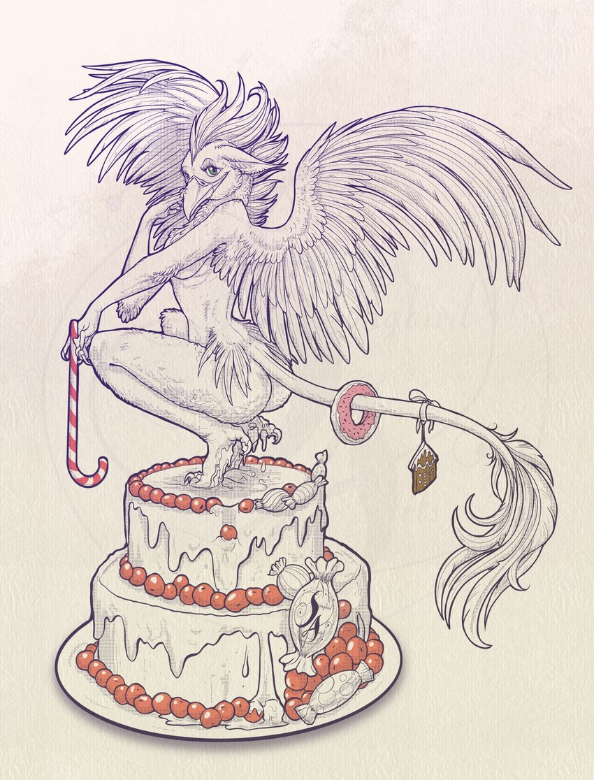 anthro biped breasts butt cake candy candy_cane cookie dessert doughnut female food gingerbread_cookie nude nude_anthro nude_female pastry pose seductive smile solo sweets wings natoli mythology avian gryphon mythological_avian mythological_creature absurd_res hi_res pinup