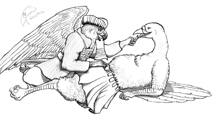 anthro armor beak belt bottomwear cere_(anatomy) clothing coat duo eye_contact feathered_wings feathers feet finger_to_mouth forearms gesture hand_gesture hand_on_partner headgear headwear kilt kneeling looking_at_another looking_at_partner male male/male pants reclining romantic romantic_couple scaled_forearms scaled_legs scales spurs tail tail_feathers talons toes topwear wings tzair_(artist) konarak_(tzair) tzair_(character) avian bird falcon falconid galliform peregrine_falcon phasianid turkey digital_drawing_(artwork) digital_media_(artwork) hi_res monochrome signature