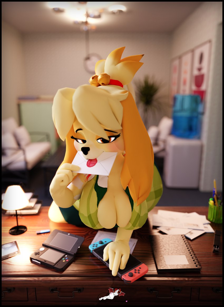 anthro bedroom_eyes black_border border breasts cleavage clothed clothing desk envelope_in_mouth female first_person_view furniture narrowed_eyes office on_desk revealing_breasts secretary_outfit seductive smash_invitation solo table conditional_dnp velvet_charm animal_crossing blender_cycles nintendo nintendo_3ds nintendo_ds_family nintendo_switch isabelle_(animal_crossing) isabelle_(highwizard) canid canine canis domestic_dog mammal shih_tzu toy_dog 3d_(artwork) absurd_res blender_(artwork) digital_media_(artwork) hi_res