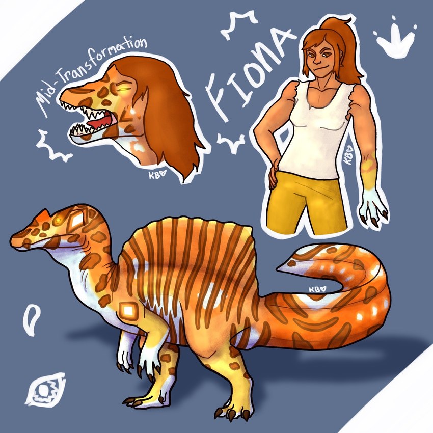 after_transformation before_and_after claws clothed clothing female feral fin glowing glowing_eyes growth hair head_crest human_to_feral long_hair markings mid_transformation orange_body orange_scales sail_(anatomy) scale_growth scales shadow simple_background snout snout_growth solo species_transformation spots spotted_markings striped_markings stripes tail tail_fin text transformation white_body white_scales kawaiiblue18 dinosquad fiona_flagstaff dinosaur human mammal prehistoric_species reptile scalie spinosaurid spinosaurus theropod 1:1 2023 english_text hi_res