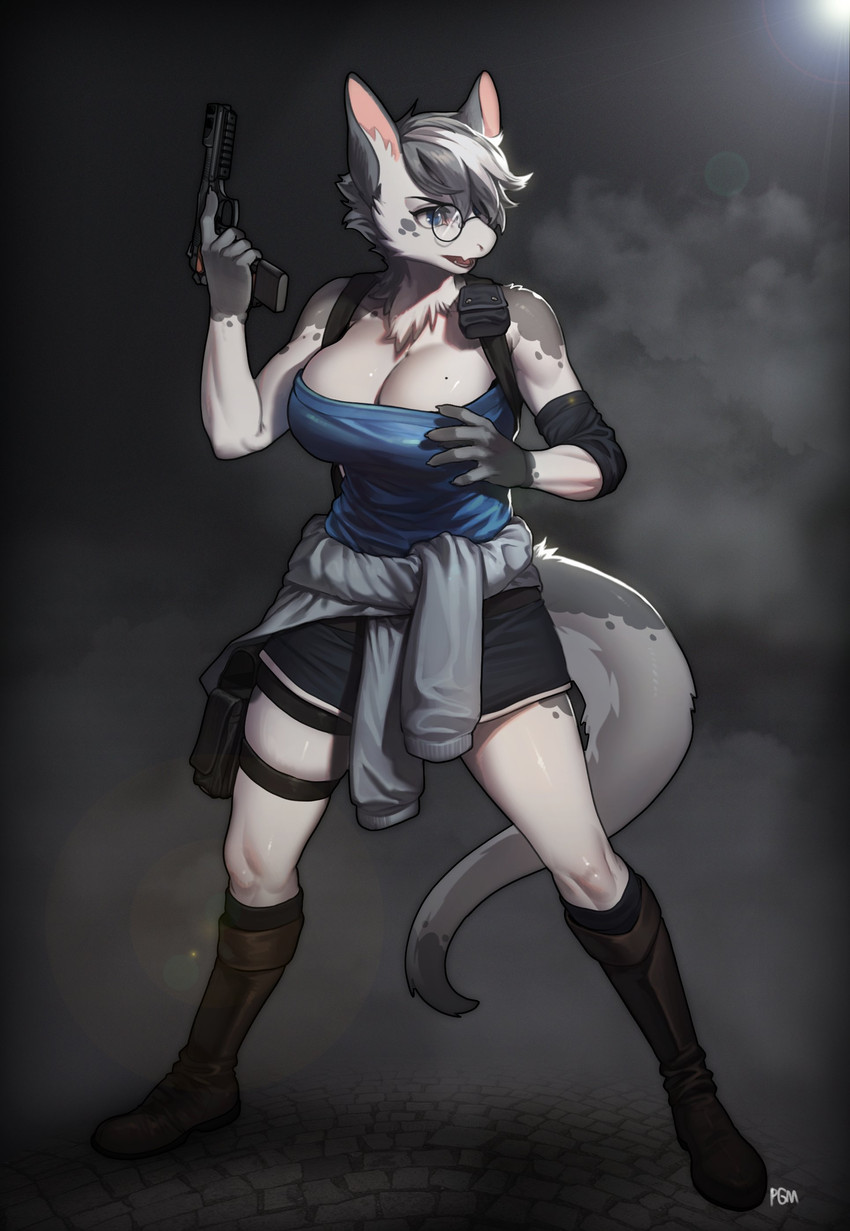 anthro berreta big_breasts boots breasts cleavage clothed clothing eyewear female footwear fur glasses gun handgun m9 pistol ranged_weapon round_glasses shoes smoke solo straps tail thigh_strap weapon pgm300 capcom mythology resident_evil jill_valentine dragon furred_dragon furred_scalie mythological_creature mythological_scalie scalie absurd_res digital_media_(artwork) hi_res shaded signature