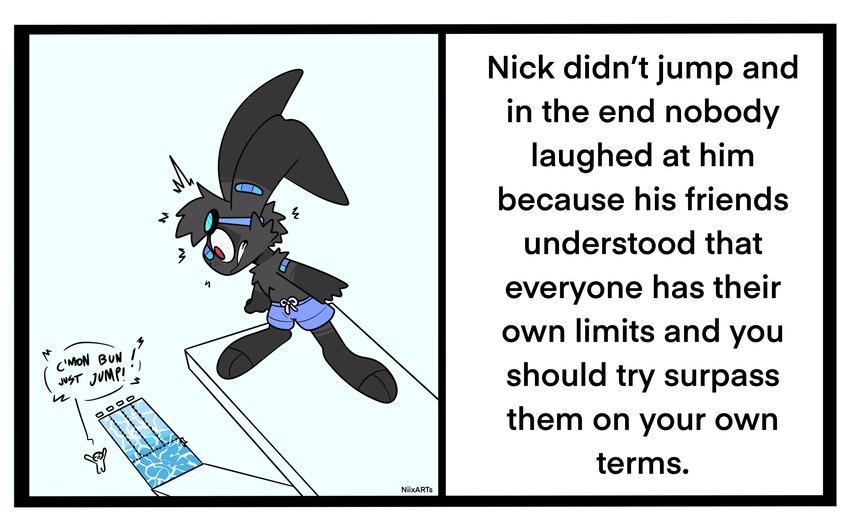 anthro band-aid band-aid_on_face band-aid_on_nose bandage bandage_on_face bandage_on_nose black_body black_fur cheek_tuft chest_tuft chibi clenched_teeth clothing dialogue diving_board eyewear eyewear_on_head facial_tuft fur goggles goggles_on_head grey_body grey_fur simple_background solo_focus speech_bubble swimming_pool swimming_trunks swimwear teeth text tuft white_background wide_eyed xing1 nick_(the_xing1) lagomorph leporid mammal rabbit absurd_res english_text hi_res