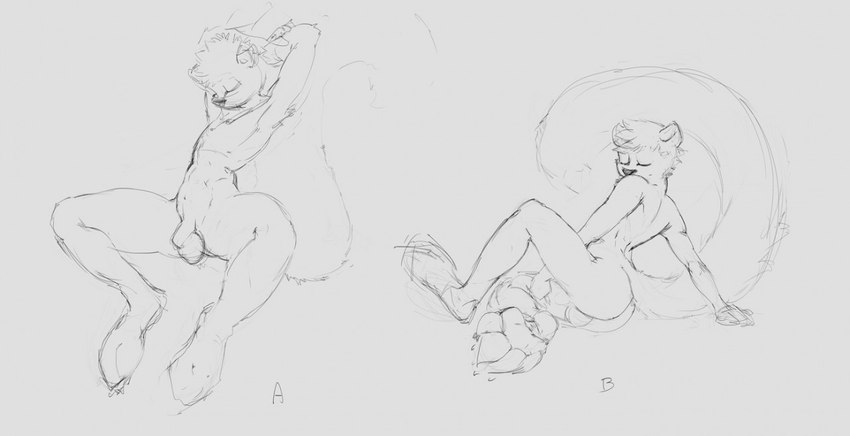 anthro balls butt eyes_closed flaccid genitals humanoid_genitalia humanoid_penis male nude pawpads penis simple_background sitting solo spread_legs spreading oselotti 2016 monochrome