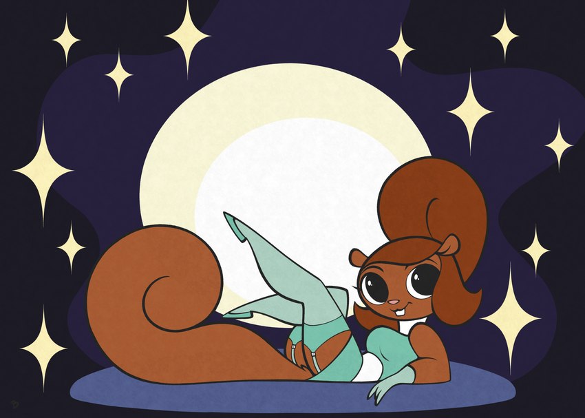 1960s_theme anthro beehive_(hairstyle) breasts brown_hair clothed clothing female footwear full_moon garter_straps hair legs_up legwear looking_at_viewer lying mod_fashion moon shoes solo star stockings roger_bacon hanna-barbera secret_squirrel_show penny_squirrel mammal rodent sciurid tree_squirrel absurd_res hi_res