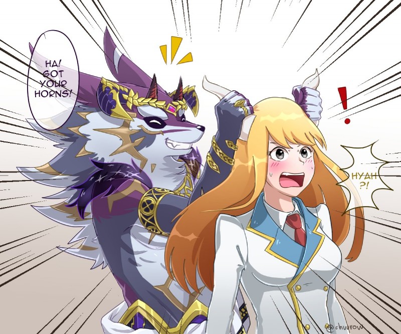 blush dialogue duo female horn jewelry male speech_bubble text chuurow lifewonders tokyo_afterschool_summoners astarte_(tas) bael_(tas) canid canine canis demon horned_humanoid humanoid jackal mammal 6:5 comic english_text