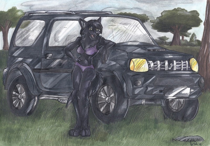 bikini clothed clothing female motor_vehicle outside skimpy solo suv swimwear tulpa two-piece_swimsuit vehicle faelis genevieve_di_machiavel canid canine fox mammal 2018