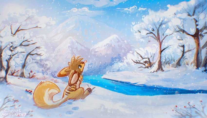 anthro blue_eyes brown_hair cloud day feet female fur hair mountain outside plant rear_view sitting sky snow snowing solo tail toes tongue tongue_out tree water winter yellow_body yellow_fur yellow_tail magenta7 magenta_(magenta7) canid canine fennec_fox fox mammal true_fox 2025 digital_media_(artwork) hi_res