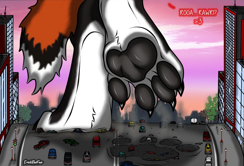 4_toes >:3 ambiguous_gender anthro barefoot black_body black_claws black_pawpads building car city claws crush day destruction digitigrade dirt extreme_size_difference faceless_ambiguous faceless_character feet foot_crush foot_fetish foot_focus footprint fur fur_markings hindpaw imminent_death larger_anthro lying macro markings multicolored_body multicolored_fur on_front on_one_leg pawpads pawprint paws plant raised_foot raised_paw rampage red_tail road size_difference sky solo standing stepped_on stepping stomping street tail text toe_claws toes traffic traffic_light tree underfoot underpaw vehicle walking white_body white_fur erickredfox redrick_(erickredfox) canid canine fox mammal red_fox true_fox hi_res