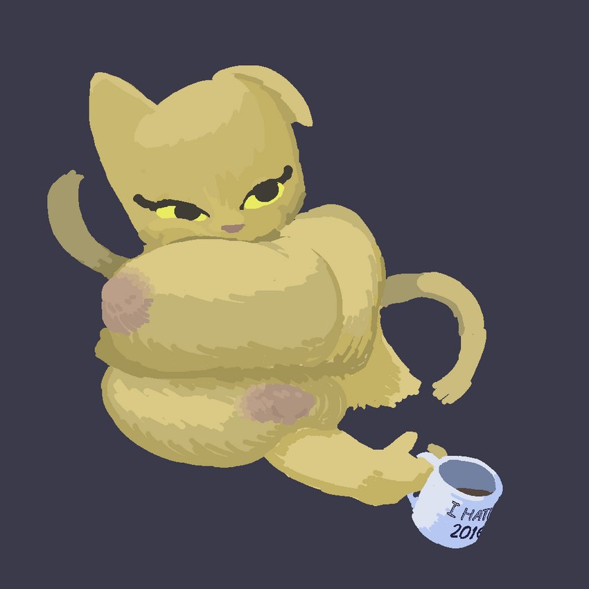 anthro areola arm_between_breasts between_breasts beverage big_areola big_breasts black_background black_eyes black_text breast_squeeze breasts coffee coffee_mug container cup eyelashes female female_anthro fingers fur fur_tuft holding_beverage holding_coffee holding_coffee_mug holding_container holding_cup holding_mug holding_object huge_breasts looking_at_viewer mug nude nude_anthro nude_female obscured_mouth one_ear_up pink_areola pink_nose pointy_ears prick_ears simple_background solo squeezing tail text text_on_coffee_mug text_on_mug tuft white_mug year yellow_body yellow_breasts yellow_ears yellow_fur yellow_sclera yellow_tail rws microsoft prequel_adventure the_elder_scrolls katia_managan felid khajiit mammal 1:1 2024 digital_drawing_(artwork) digital_media_(artwork) english_text