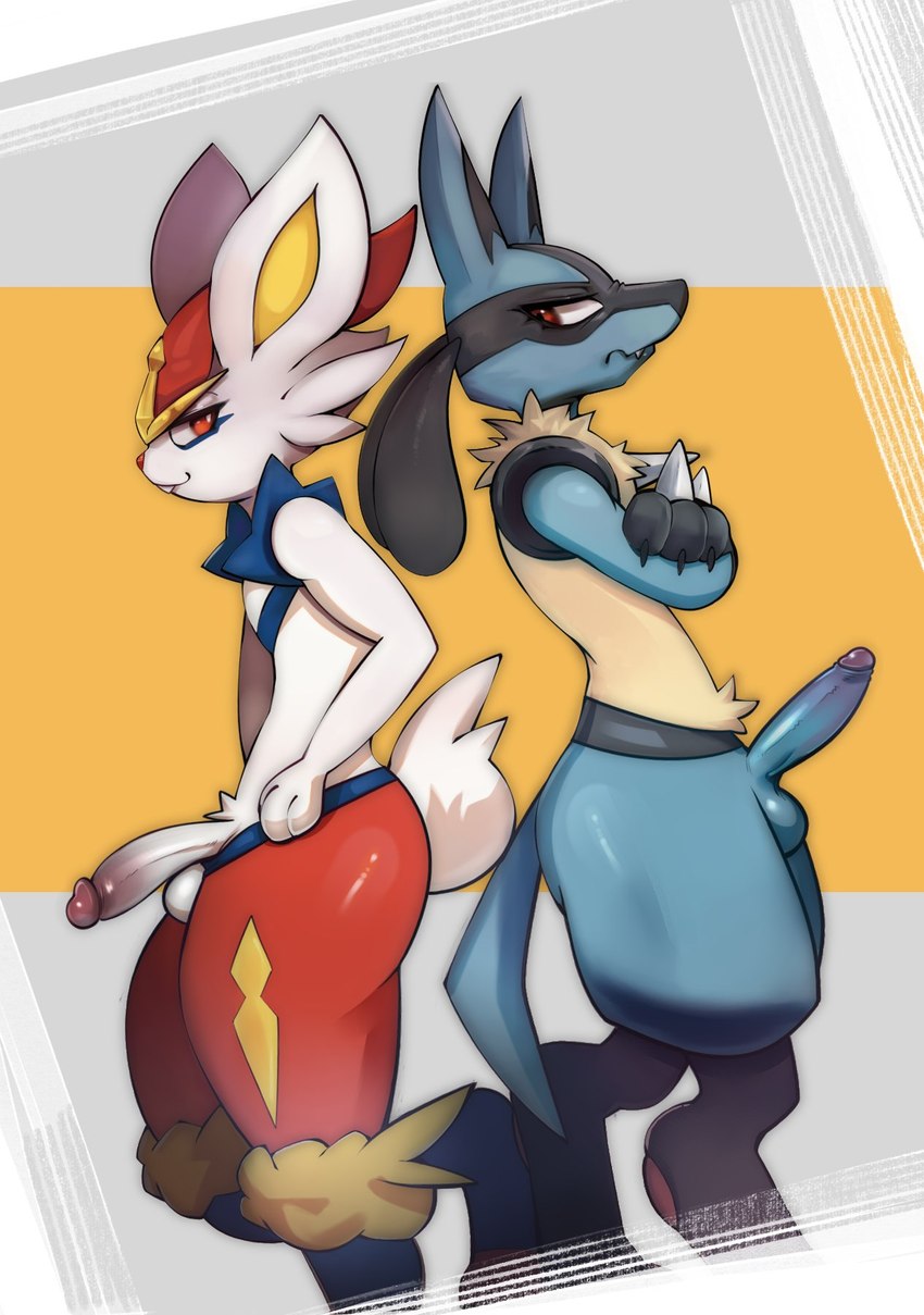 anthro back_to_back balls crossed_arms duo erection frown genitals humanoid_genitalia humanoid_penis looking_aside looking_at_viewer male male/male penis side_view simple_background smile standing darkluxia nintendo pokemon cinderace generation_4_pokemon generation_8_pokemon lagomorph lucario mammal pokemon_(species) hi_res