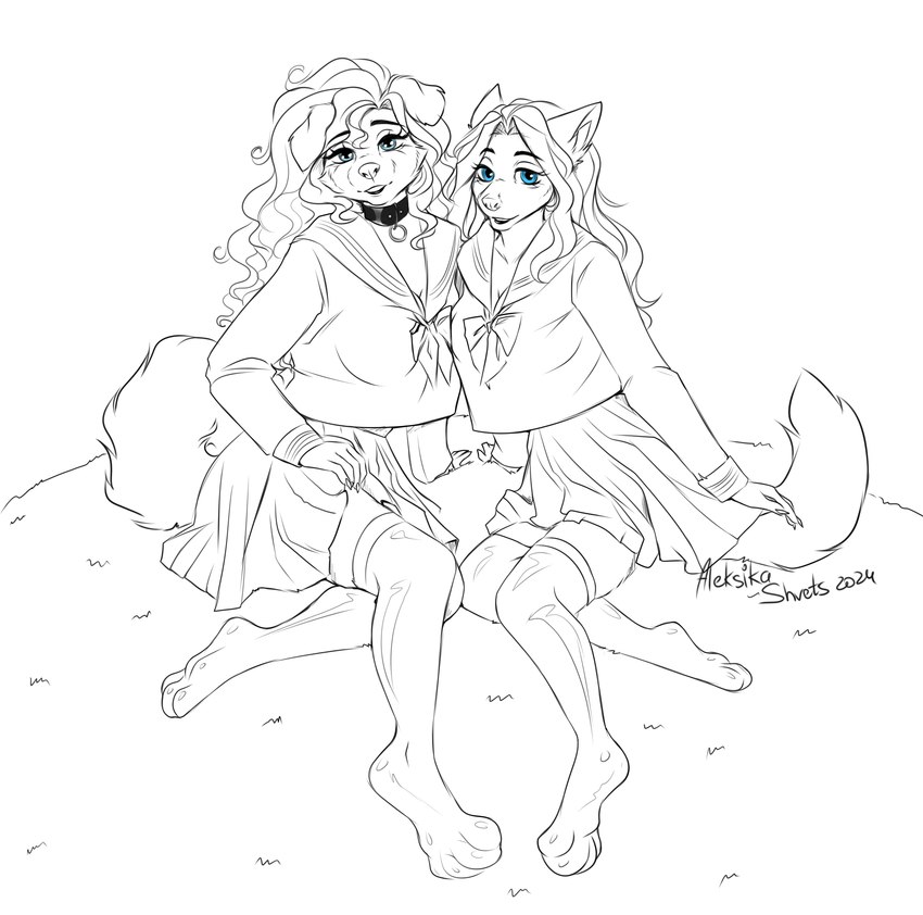 anthro blue_eyes bottomwear breasts cleavage clothed clothing collar curled_hair duo female female/female fluffy fluffy_tail hair legwear looking_at_viewer paws school_uniform skirt stockings tail uniform aleksikashvets canid canine canis domestic_dog fox mammal absurd_res hi_res monochrome spot_color