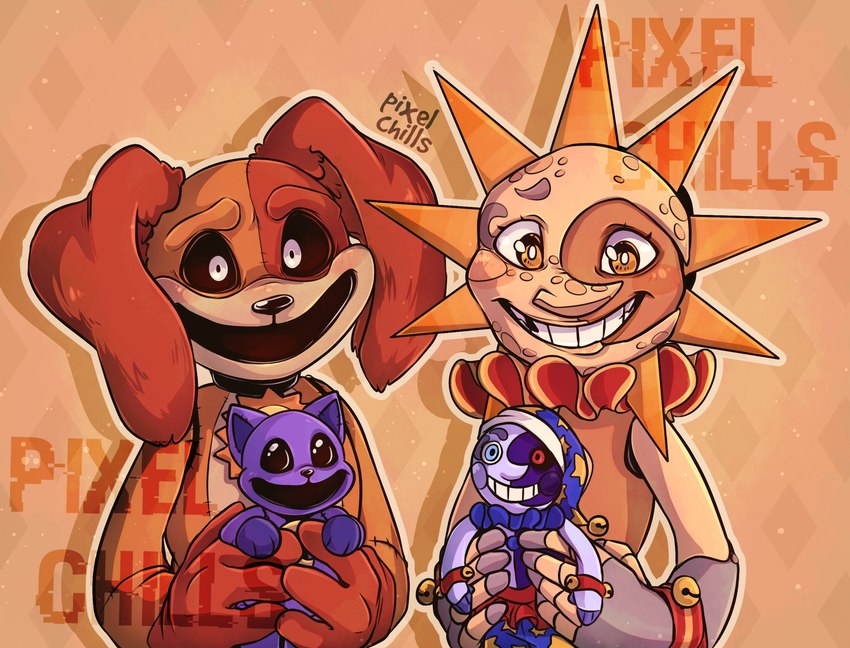 anthro collar dot_eyes duo holding_object looking_at_viewer machine male open_mouth open_smile smile toy pixel_chills five_nights_at_freddy's five_nights_at_freddy's:_security_breach mob_entertainment poppy_playtime scottgames smiling_critters steel_wool_studios dogday_(poppy_playtime) sun_(fnaf) animatronic canid canine canis critters_(poppy_playtime) domestic_dog mammal robot 2024 digital_media_(artwork) hi_res