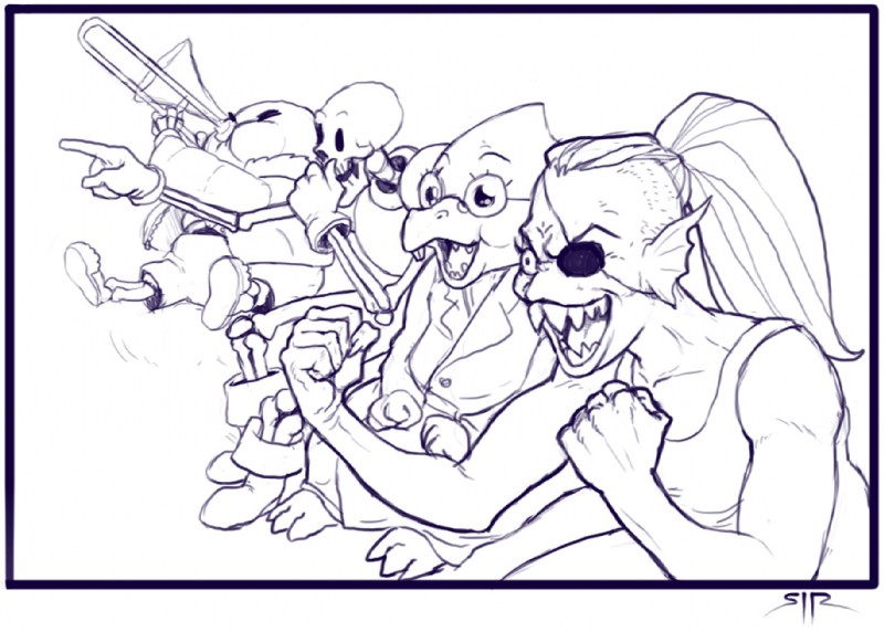 anthro bone brass_instrument female group holding_musical_instrument holding_object male musical_instrument playing_music skeleton trombone wind_instrument sirartwork reaction_guys undertale undertale_(series) alphys papyrus_(undertale) sans_(undertale) undyne animated_skeleton lizard reptile scalie undead 2015 meme