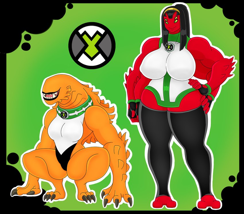 4_eyes anthro big_breasts black_hair breasts claws clothed clothing collar crossgender duo eyeless female fur gloves green_eyes hair handwear leggings legwear leotard multi_arm multi_eye multi_limb muscular muscular_anthro muscular_female omnitrix orange_body orange_fur ponytail red_body red_skin simple_background smile urusee584 ben_10 cartoon_network chaquetrix four_arms_(ben_10) wildmutt alien alien_humanoid canid canine humanoid mammal tetramand vulpimancer absurd_res digital_media_(artwork) hi_res