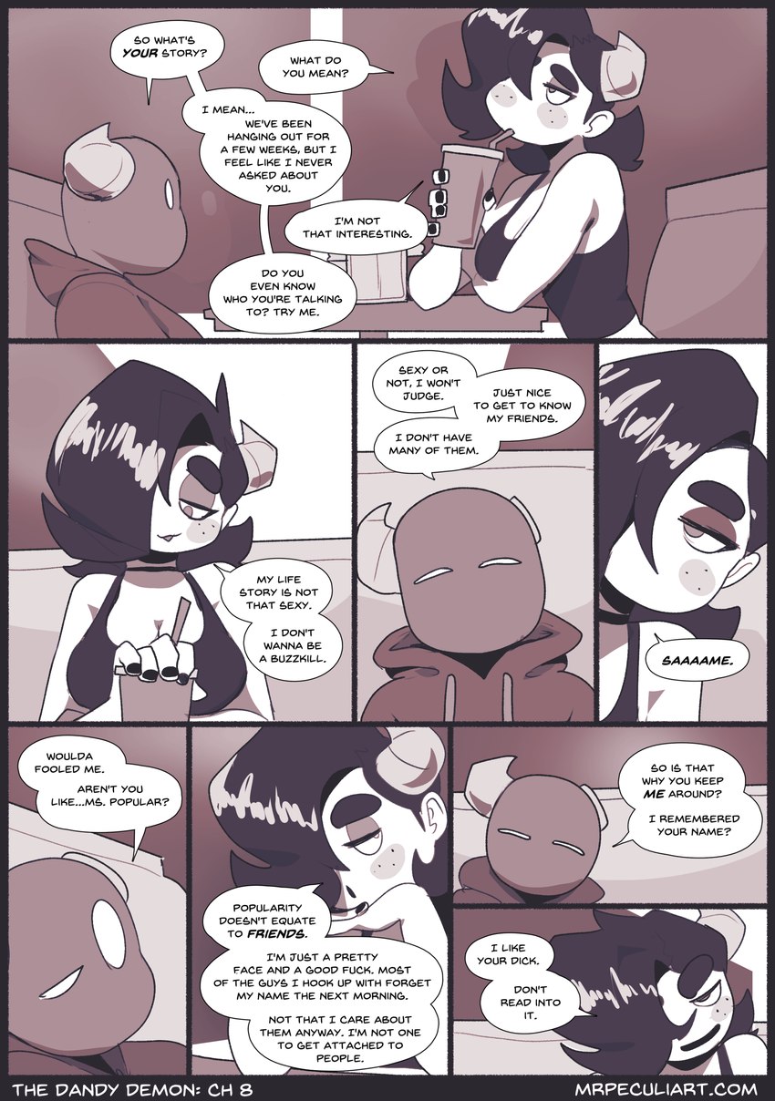 anthro beverage big_breasts breasts clothing container cup dialogue dirty_talk drinking duo female freckled_face freckles hair hair_over_eye hoodie horn makeup male restaurant talking_to_another talking_to_partner text topwear peculiart caesar_(peculiart) silvia_(peculiart) devilchild faceless_(species) monster absurd_res comic english_text hi_res monochrome url