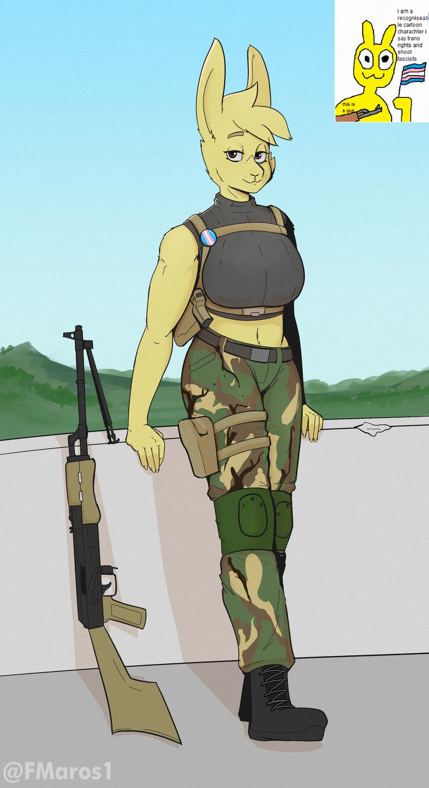 accessory against_surface anthro breasts camo clothed clothing cutaway female flag flag_(object) fully_clothed fur gun holding_flag holding_object leaning leaning_backward lgbt_pride looking_at_viewer midriff outside pin_accessory pin_button pride_color_accessory pride_color_flag pride_colors pride_pin ranged_weapon solo text transgender_pride_colors weapon froos 196 spronkus_kronkus lagomorph leporid mammal rabbit absurd_res colored digital_media_(artwork) english_text hi_res meme intersex_(lore) trans_(lore) trans_woman_(lore)